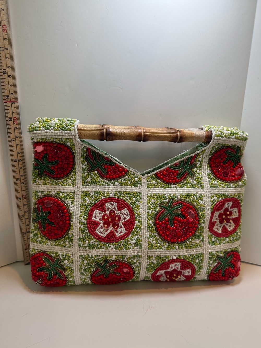 * Beaded Tomato Motif Bamboo Handle Clutch - Red & Green